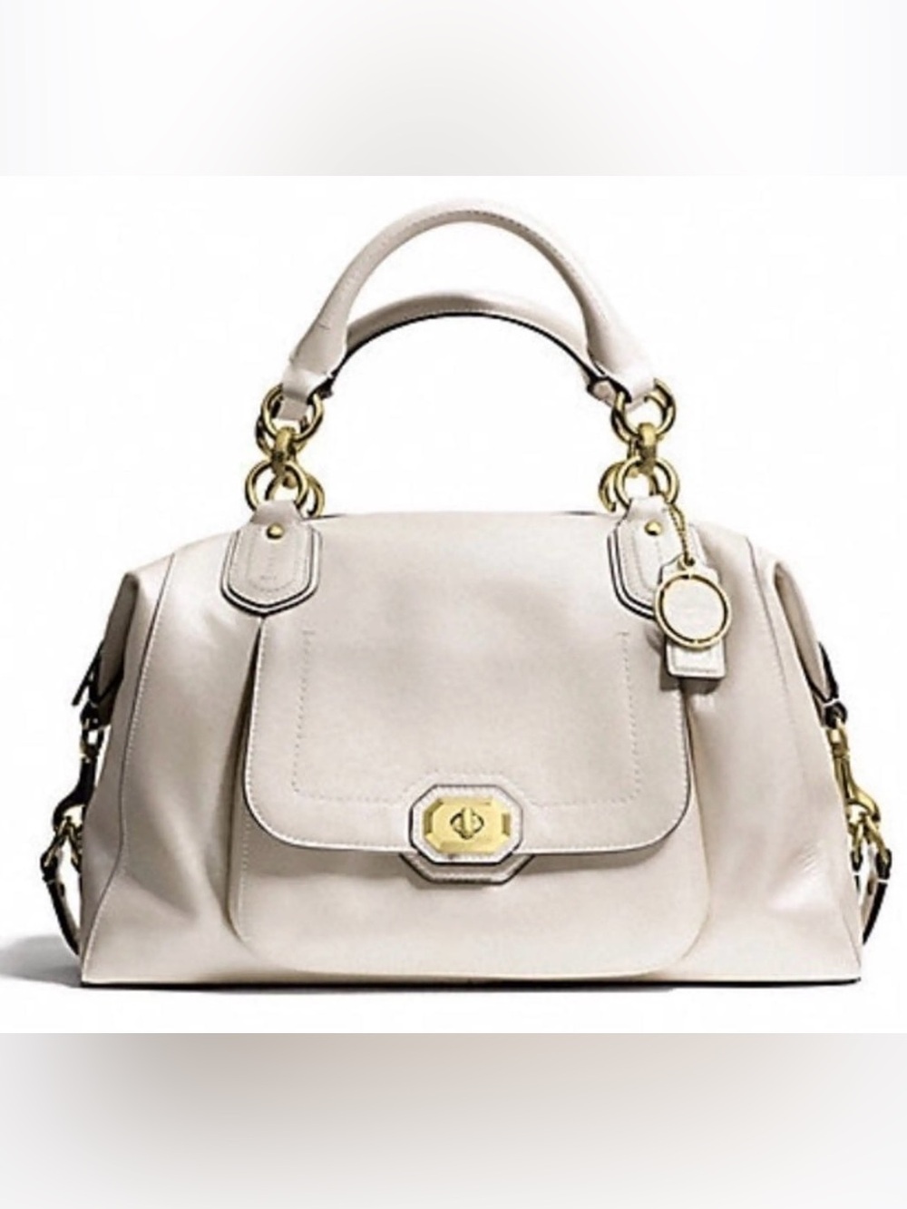 Coach Campbell Turnlock Cream Leather Top-Handle Satchel with Gold Hardware